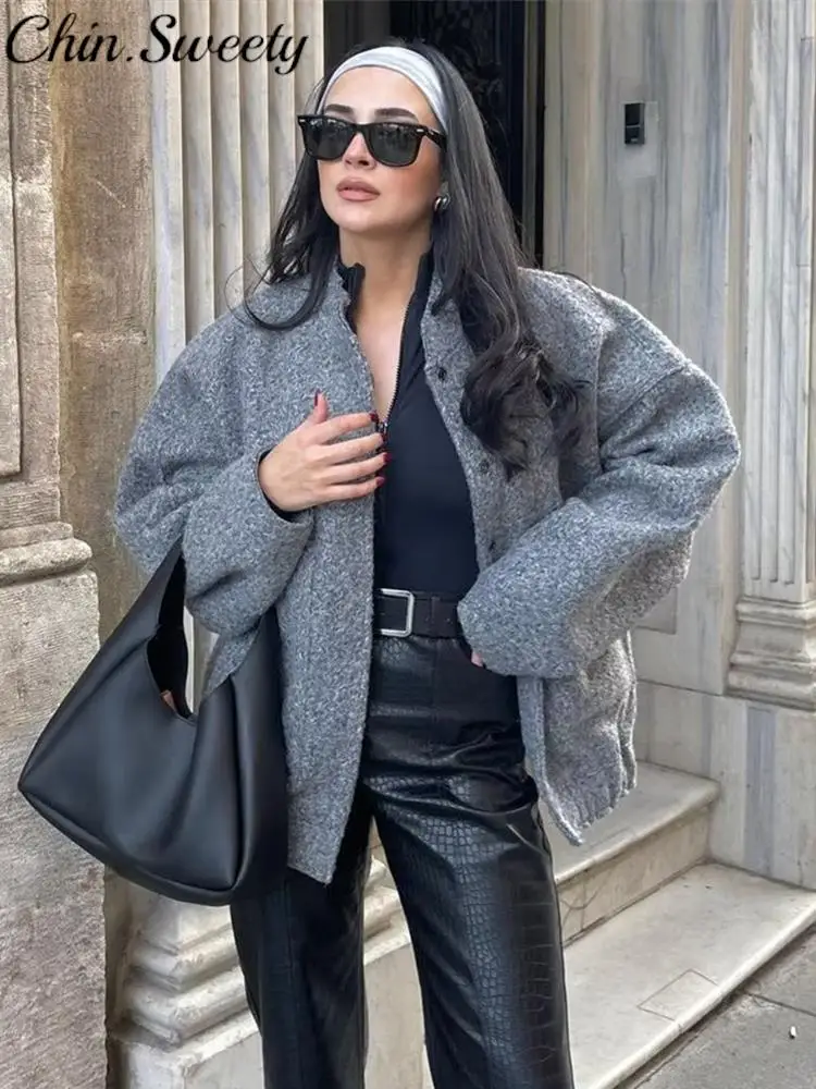 

Women Coat Bombers Button Long Sleeve Loose Female Outwear Solid Pockets Casual Streetwear O-Neck Office Lady Jackets