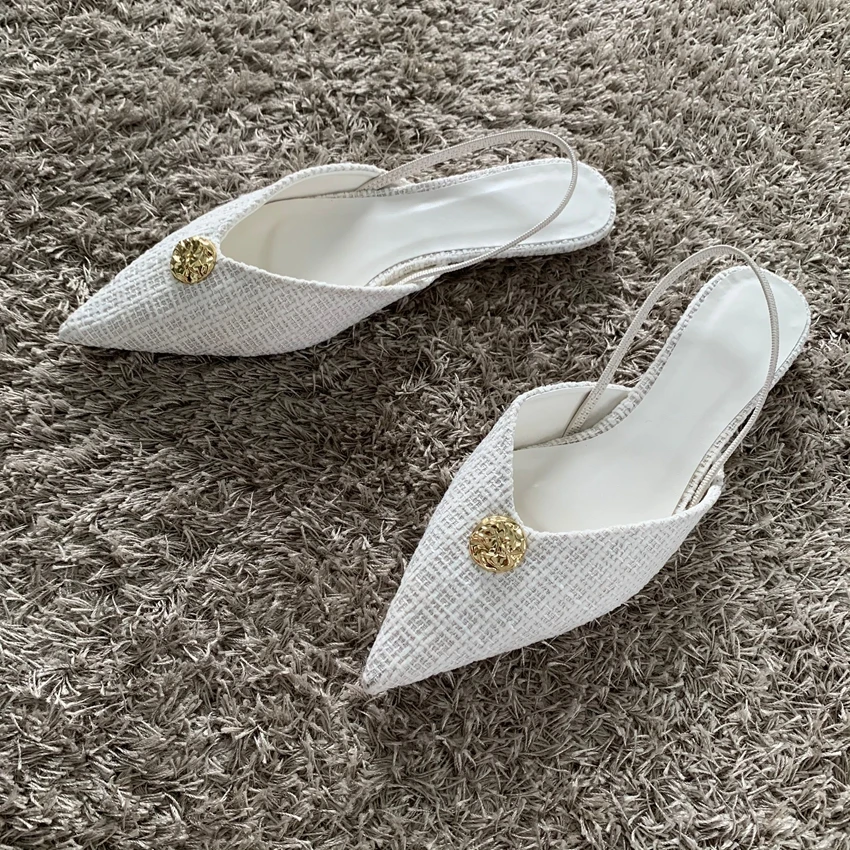2025 Woman White Fabric High Heels Chic Metal Inlaid Slingback Kitten Heel Shoes Summer Elegant Female Office Low Heels Sandals 4