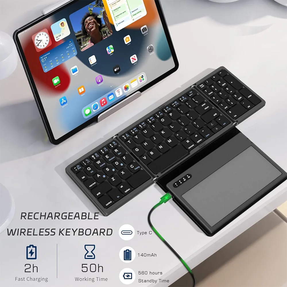 81 Keys Tri-Fold Wireless Bluetooth-compatible Keyboard with Touchpad Tablet Phone Computer External Universal Portable Keyboard