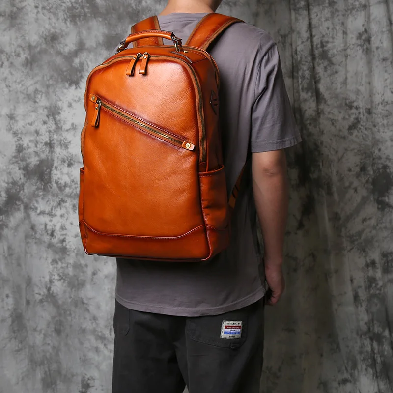 NZPJ Retro Genuine Leather Men's Backpack Fashion Top Layer Cowhide Backpack Large Capacity Travel Backpack Laptop Bag