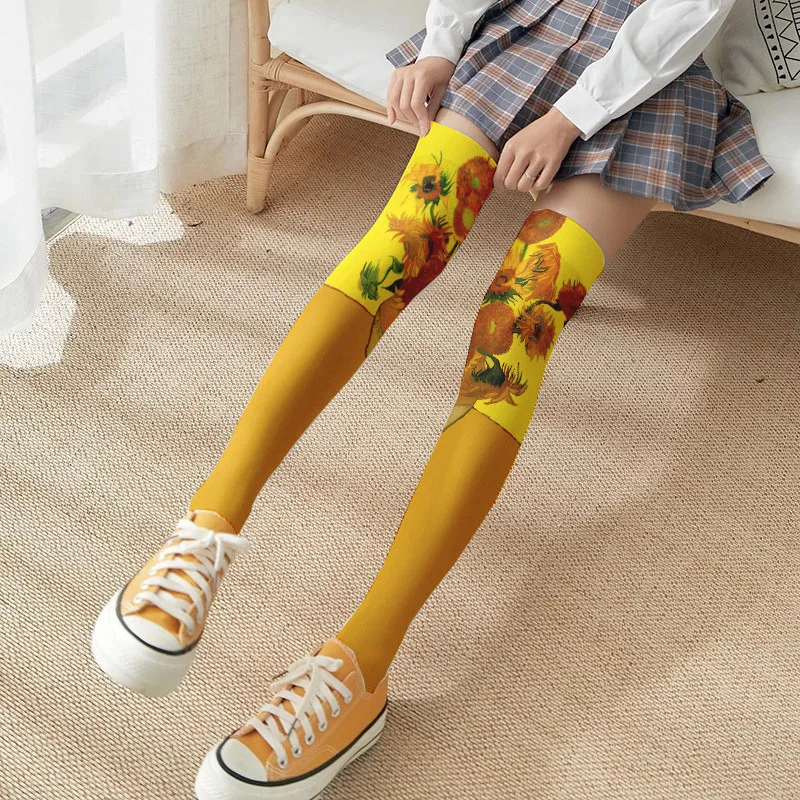 Oil Painting Long Stockings Sunflower Mona Lisa Thigh High Socks For Women Over Knee Cute The Starry Night Thin Legwear Van Gogh