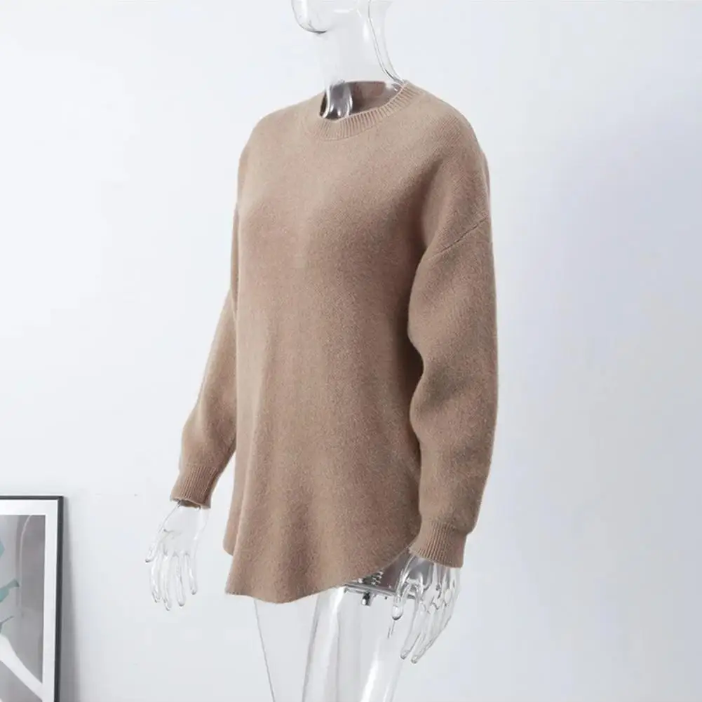 

Soft Warm Women Thermal Tops Cozy Mid-length Solid Color Sweater for Women Loose Fit Round Neck Pullover with Irregular Hem