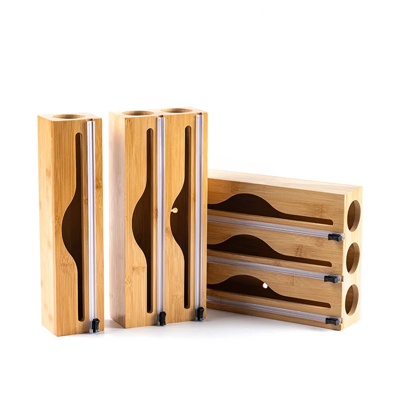 Natural Bamboo Wrap Cutter Wall Mounted Multi-Slot Foil and Wrap Dispenser Kitchen Countertop Organization