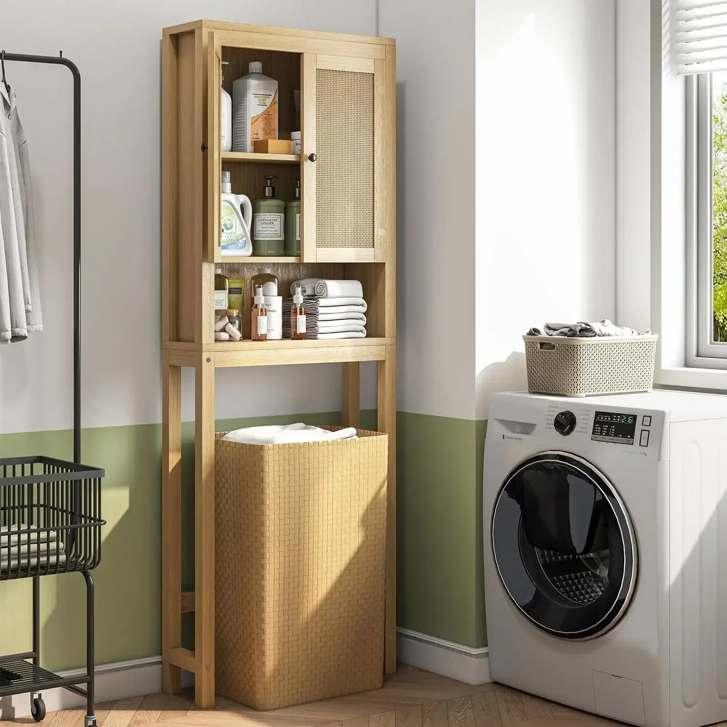Rattan Over The Toilet Storage Cabinet, Adjustable Shelf, Behind Toilet Cabinet,Bathroom, Laundry, Wood Rack, Natural 4