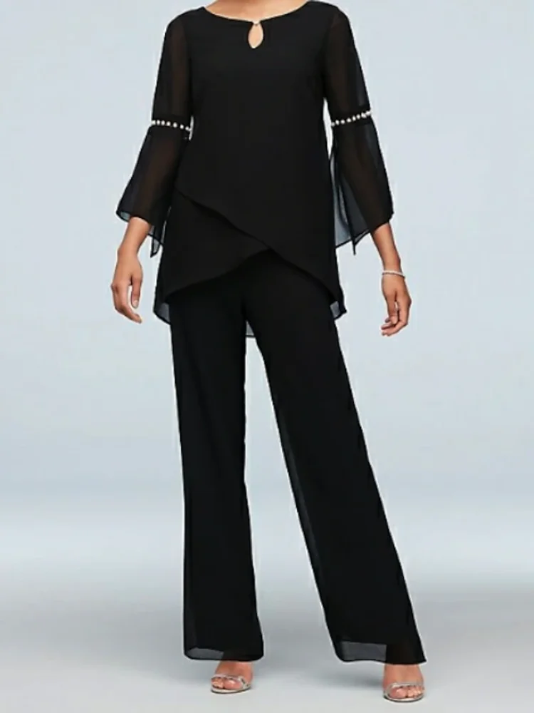 

Jumpsuit Mother of the Bride Dress Jewel Neck Floor Length Chiffon 3/4 Sleeve with Beading Evening Gown