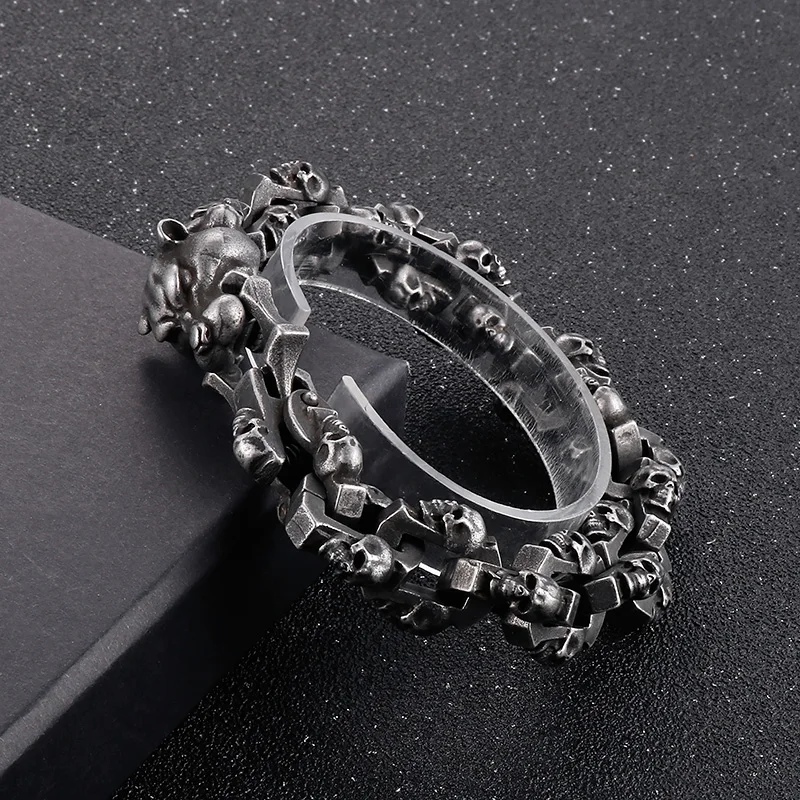 Fongten Skull Tiger Bracelet for Men Stainless Steel Skeleton Chain Charm Men's Wristband Bangle Bracelets Rotre Black Jewellery