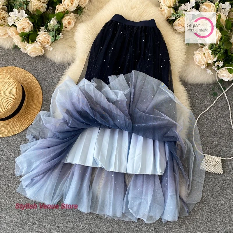 French starry sky gradient gauze skirt female spring and summer new fashion high waist A pleated skirt sequined chiffon skirt