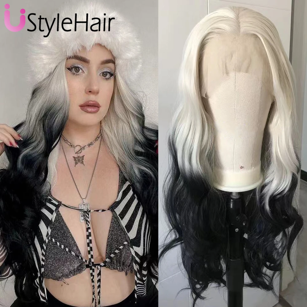 

UStyleHair Platinum Black Body Wave Wig Blonde Roots Ombre Black Lace Front Wig Daily Use Heat Resistant Synthetic Hair