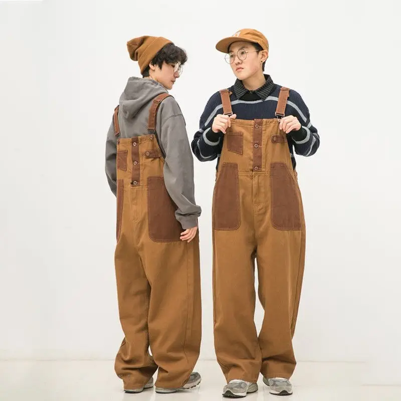 Men Clothing Japanese Retro Orange-brown Color Matching Neutral Overalls Two-sided Couple Loose Straight Overalls