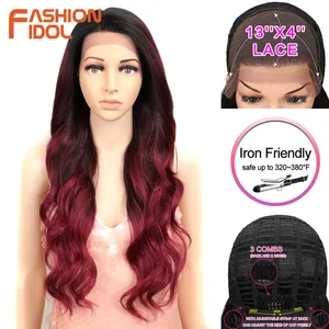 26 inch 13x4 Lace Front Wig Synthetic With Baby Hair Wigs Cosplay Ombre Burgundy Wigs For Women Body Wave High Temperature Fiber