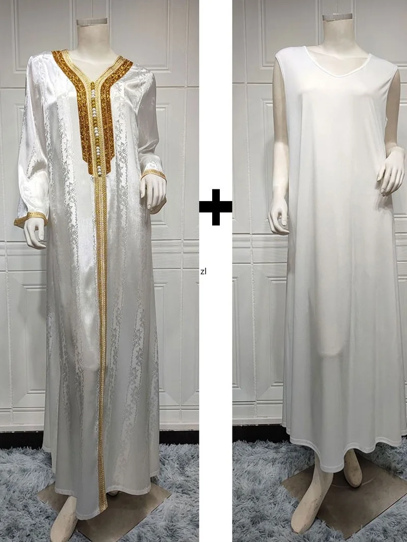 

Diamonds Kaftan Evening Long Dress for Women Satin Muslim Dubai Abaya+Inner Robe Set Moroccan Party Caftan Gulf Jalabiya White