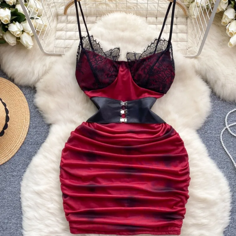 

Nightclub Women's Clothes Lace Chest Wrap Waist-Tight Slimming Unique Design Pleated Hip Strap Dress Bottoming Vestidos De Mujer