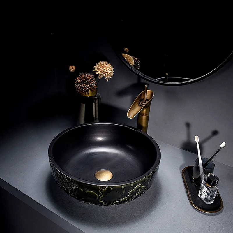 ZAPPO Jindezhen Ceramic Bowl Sink Bathroom Round Vessel Basin Bathroom Countertop Sink Art Basin Faucet Combo Deck Mounted
