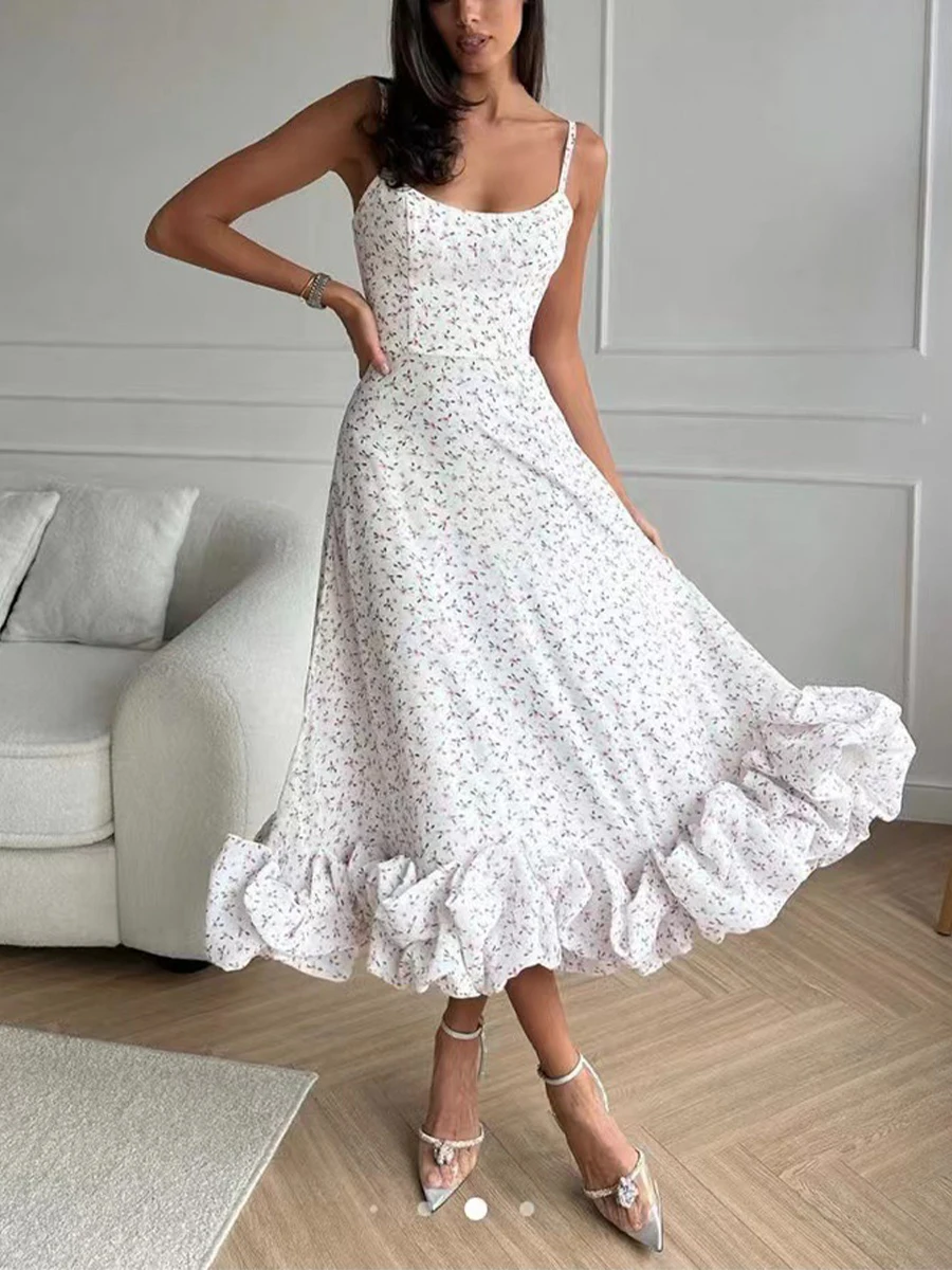 

Women Sleeveless Spaghetti Strap A-Line Swing Dress Puff Hem Summer Elegant Party Long Dresses for Cocktail Beach Streetwear