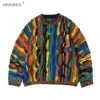 ABOORUN Men's 3D Bitter Melon Pattern Contrast Color Sweaters Heavy Industrial Pullover Knitwear for Male 1