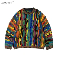 ABOORUN Men's 3D Bitter Melon Pattern Contrast Color Sweaters Heavy Industrial Pullover Knitwear for Male 1
