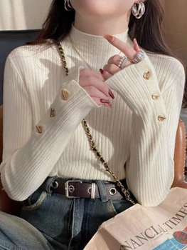 2025 Women Autumn Winter Knitted Slim Sweaters Pullovers Solid Button Full Sleeve Half High Collar Sweater Female Casual Tops