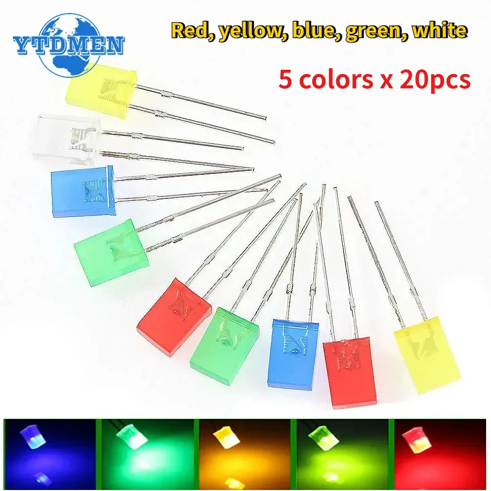 100 unids/lote cuadrado 2*5*7mm diodo LED 2X5X7mm 5 colores rojo amarillo verde azul blanco Kit de diodo emisor de luz LED para electrónica DIY