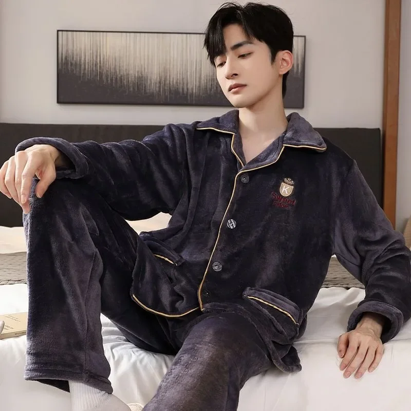 2024 New Men Pajamas Autumn Winter Warm Homewear Young People Can Wear Flannel Sleepwear Thicken Loose V-neck Warm Loungewear