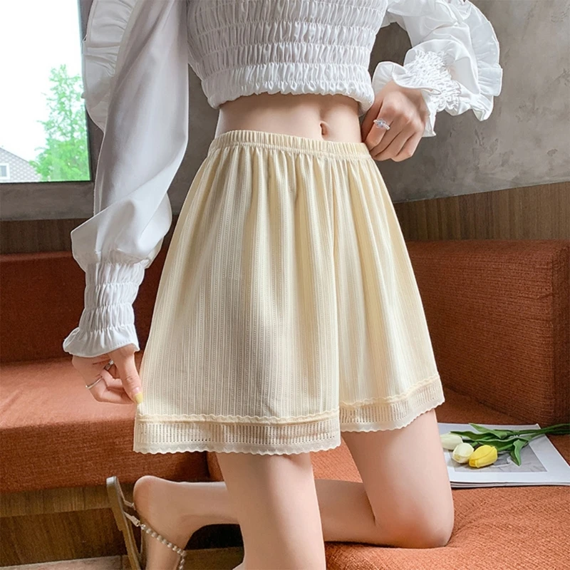 Women Shorts Underwear Ice Silk Half Slip Lace Underpants Safety Pant Wide Leg Loose