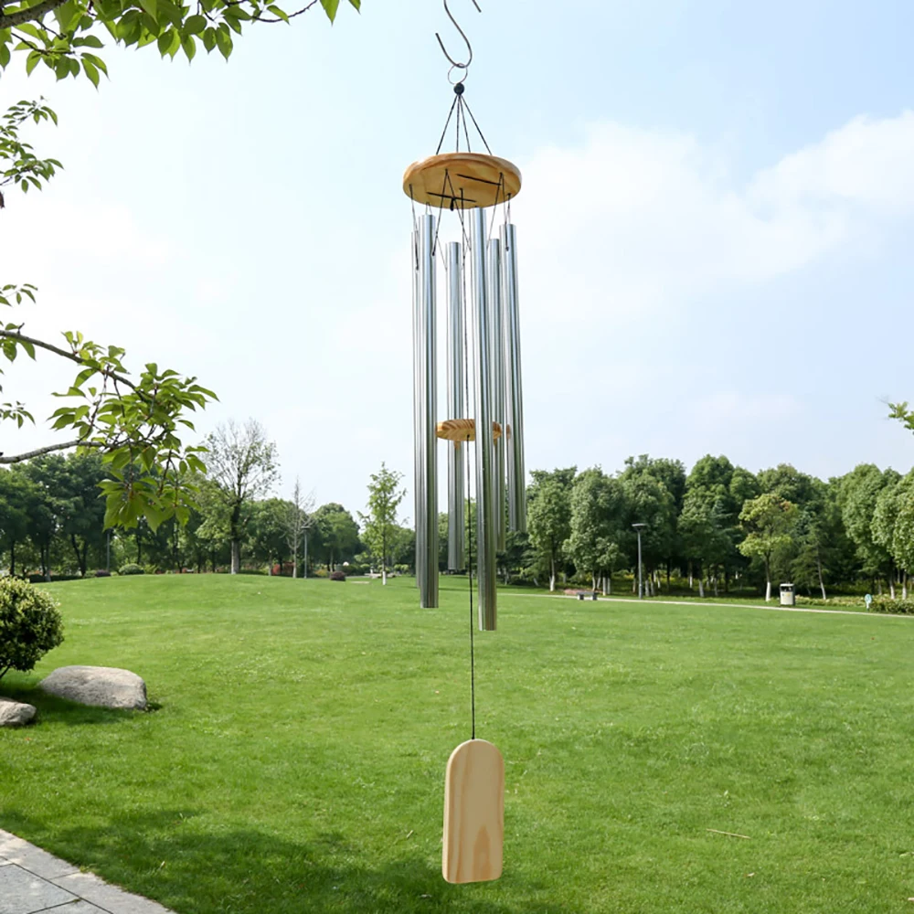 Silver 6 Tube Wind Chime Chapel Good Luck Bells Pendant Door Wall Hanging Ornament for Home Garden Outdoor Decorations