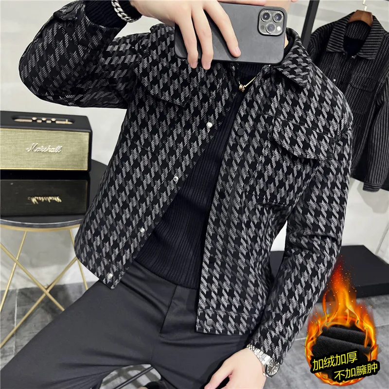 Classic Plaid Wool Blends Jackets Men Winter Thicken Warm Slim Casual Business Short Trench Coat Social Streetwear Men Clothing