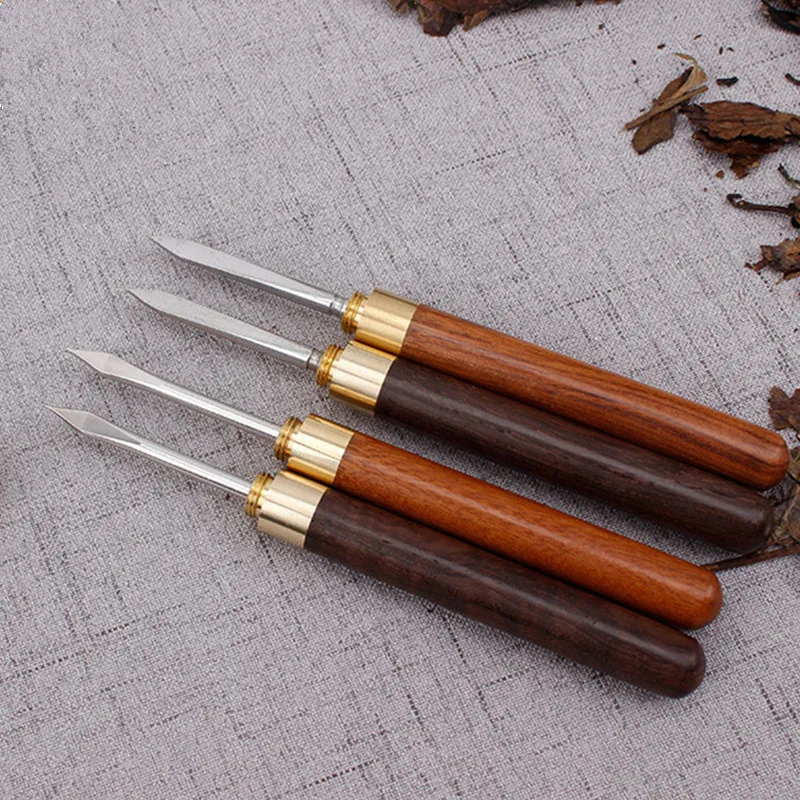 1Pcs Stainless Steel Black Sandalwood Chinese Puer Tea Needle Cutter Damascus Tea Knife Pro Breaking Prying Brick Tools