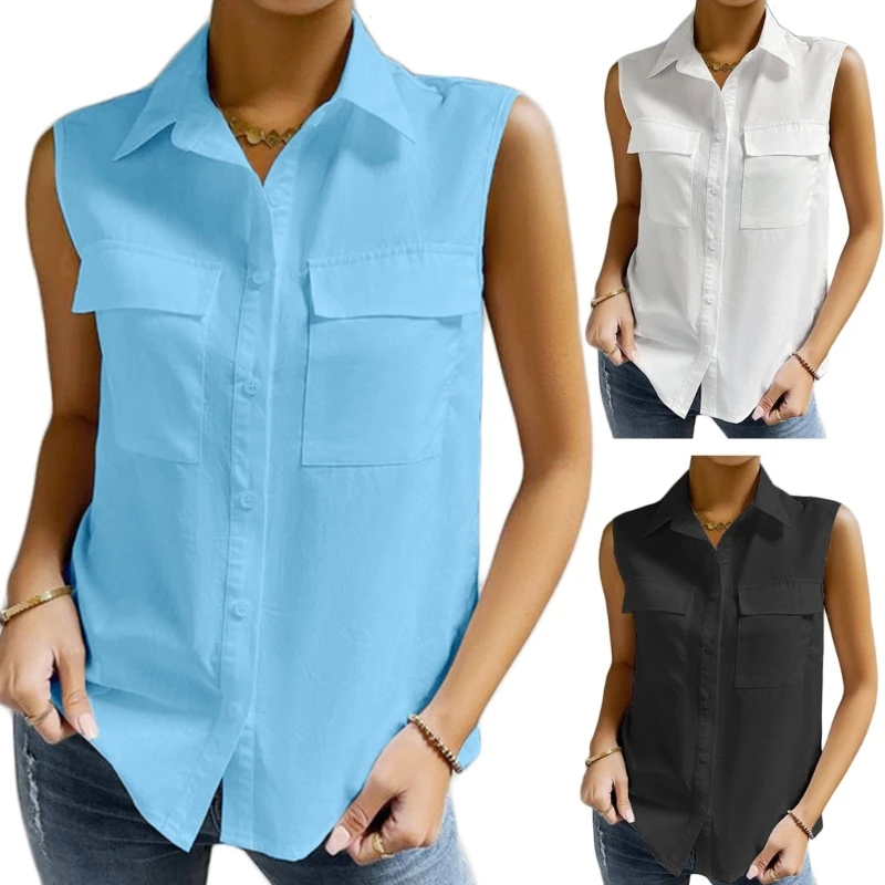 Women Button Down Shirt Tunic Top Sleeveless Blouses Summer Blouses Top Dropship multifunctional felt pin and button button collection display bag dropship
