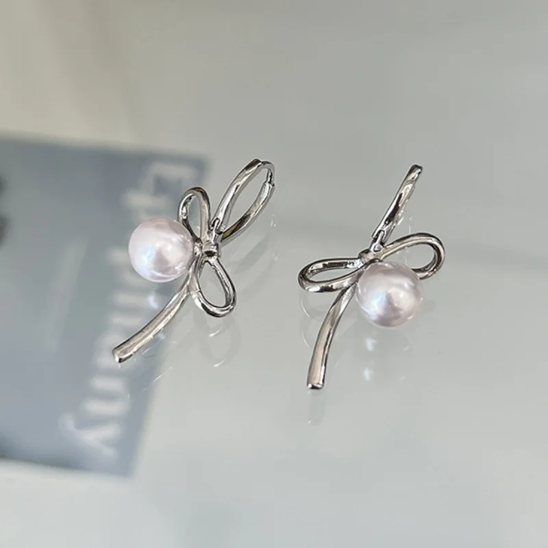 Minimalist Bowknot Pearl Hoop Earrings For Women Lady Trendy Valentine Dangle Earrings Party Wedding Jewelry Gift