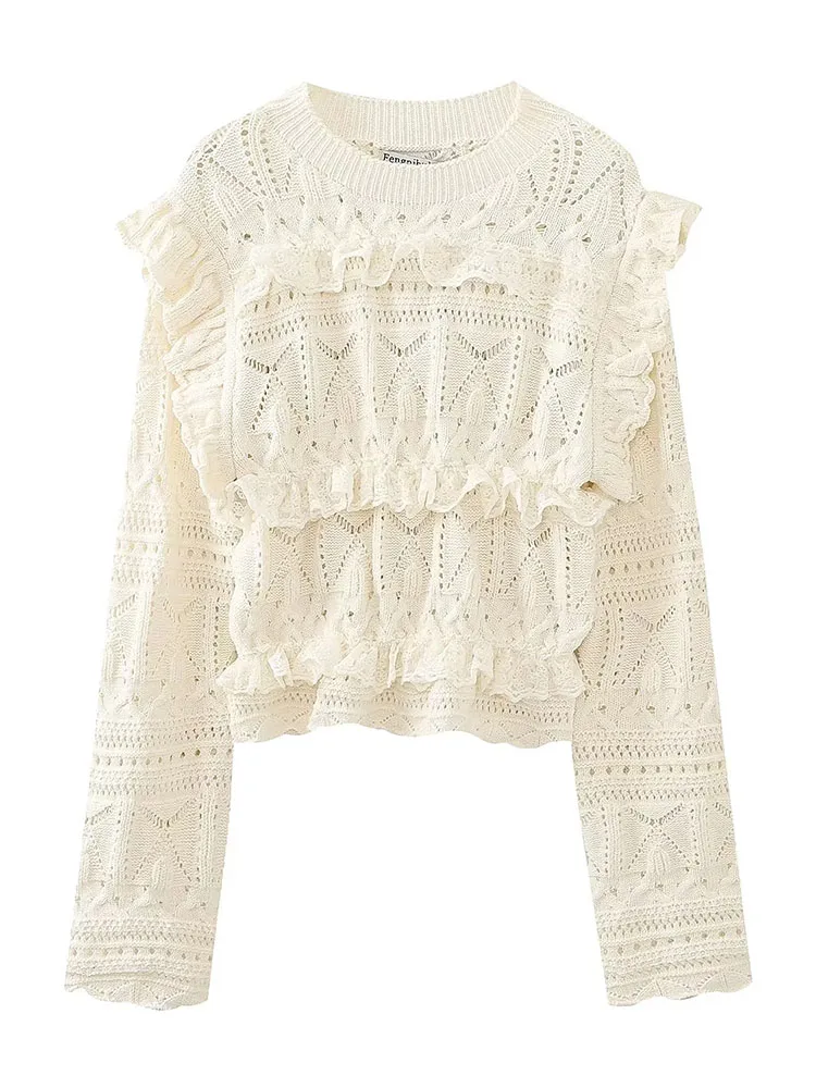 

ZADATA Autumn Winter New Women's Openwork Knit Sweater Fashion Pullover Chic T-Shirt Solid Color Crochet Streetwear Tops