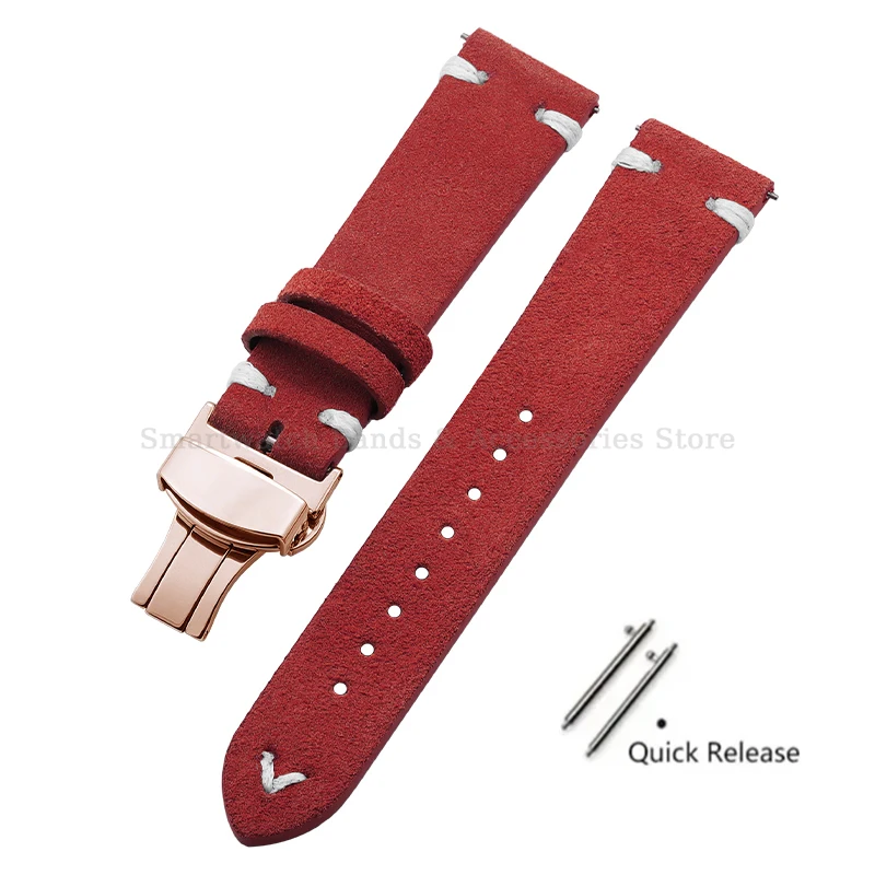 Vintage Handmade Suede Stitch Leather Watch Strap with Quick Release and Folding Clasp