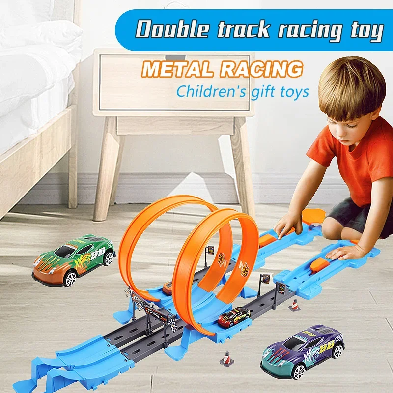 

Kids Double Car Wheels Model Racing Track Toys DIY Assembled Rail Kits Catapult Rail Car Racing Boy Toy For Boys Girls Gifts