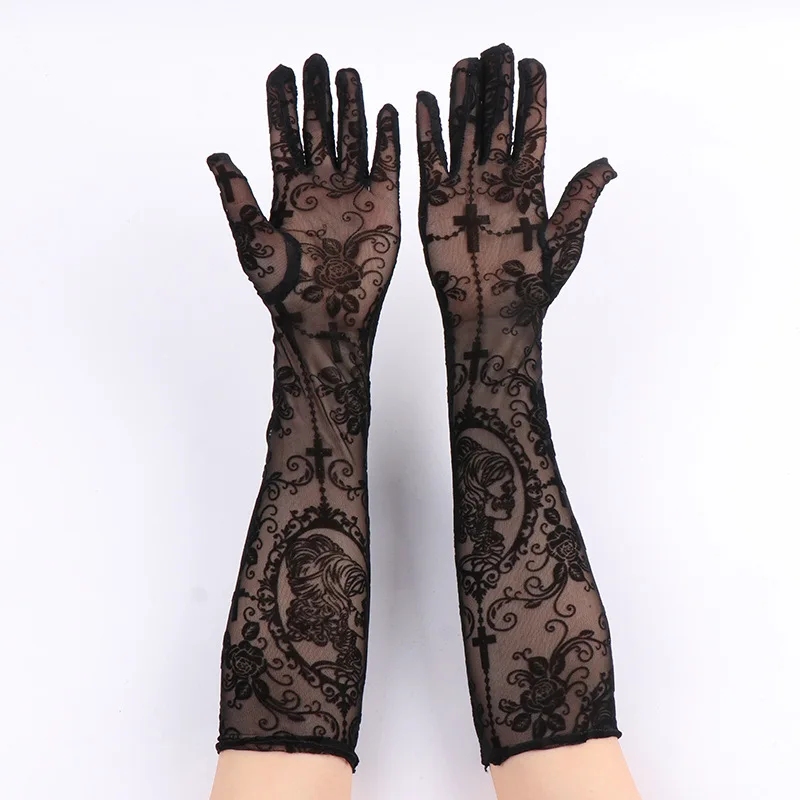 New Black Skeleton Flowers Printing Women Sexy Mesh Transparent Elasticity Long Gloves Performance Halloween Cosplay Accessories