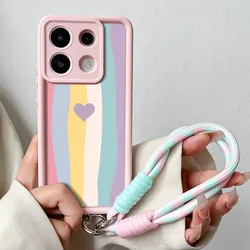 Lovely Gradient Color Stripe Wrist Chain Phone Case with Lanyard - Xiaomi 14 Pro (620 - PinkSS)