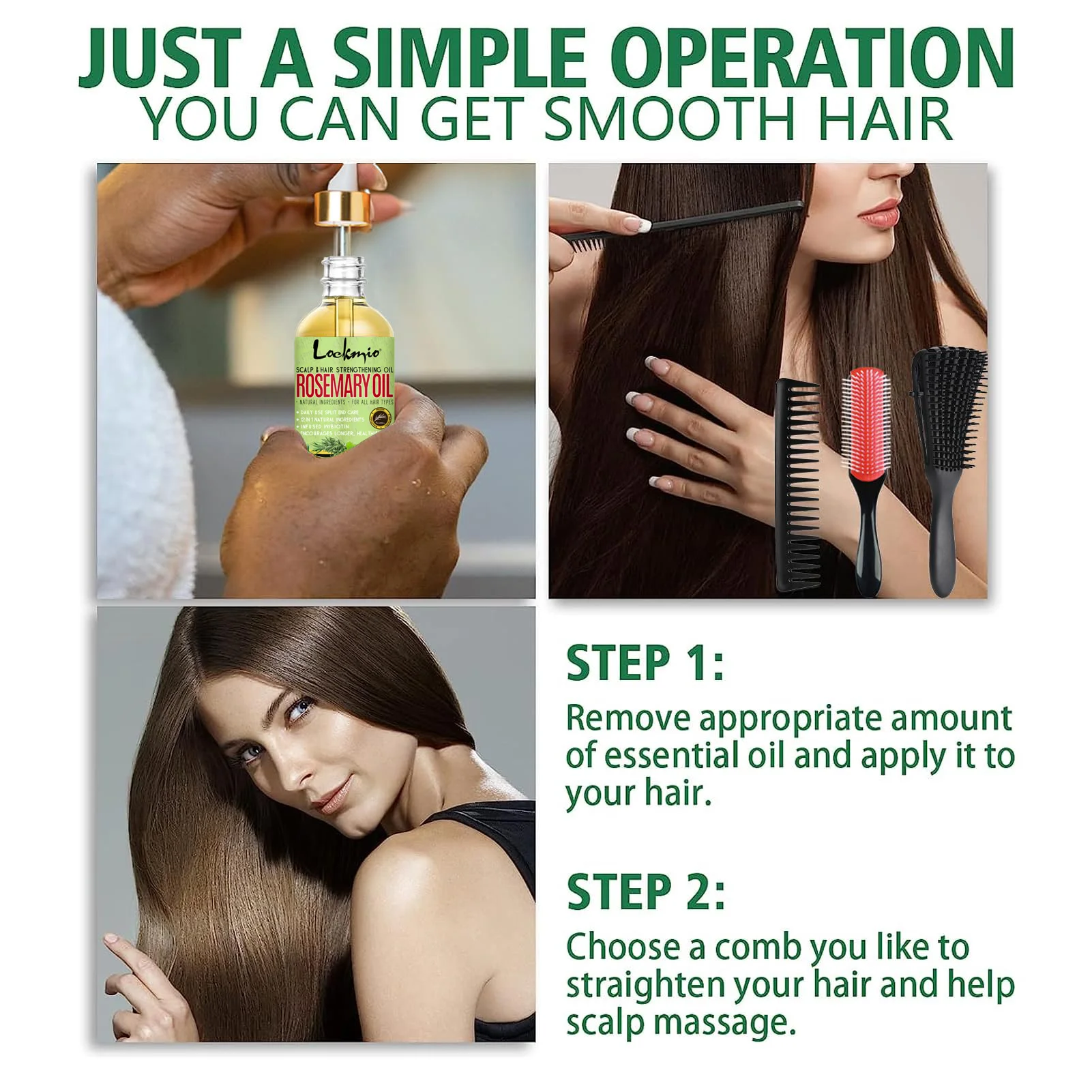 LOCKMIO Rosemary Hair Growth Oil with Curly Hair Brush Detangler Brush Wide Tooth Comb 9 Row Nylon Bristle Scalp Care Set