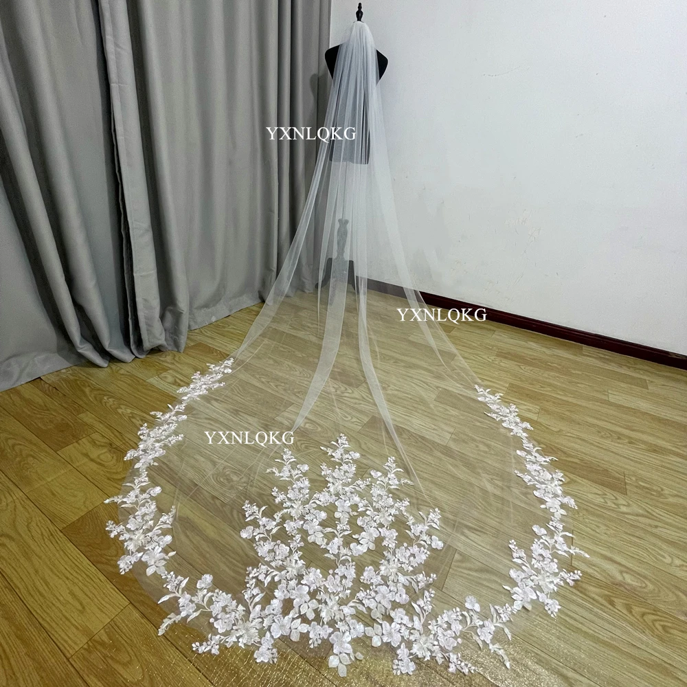 Romantic 3Meters Cathedral Wedding Bridal Veil with Pink Lace Soft Tulle with Comb Ivory White Veil  Bridal Veil Velos de novia