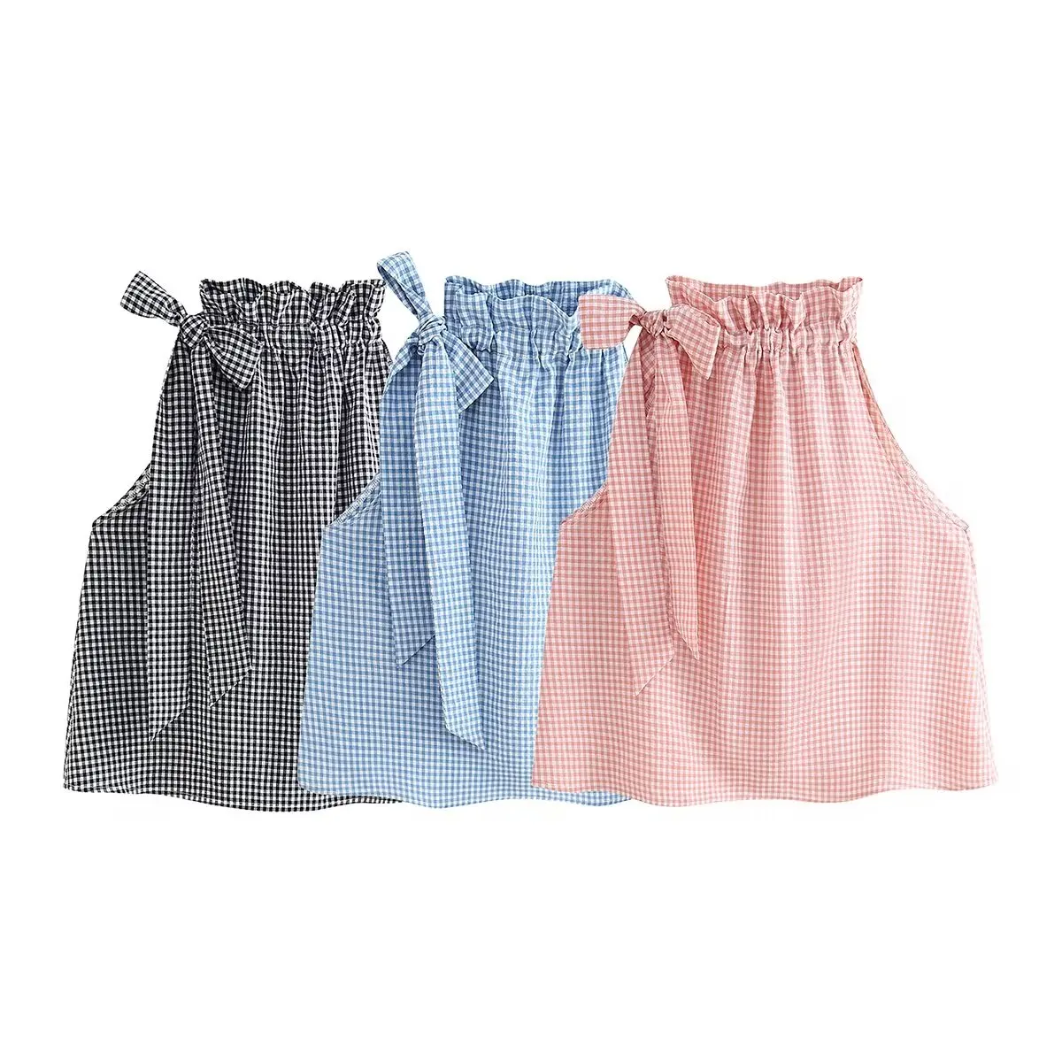 

Женский Повседневный плиссированный топ без рукавов, клетчатый топ с воротником-стойкой и бантом в стиле ретро, 2024