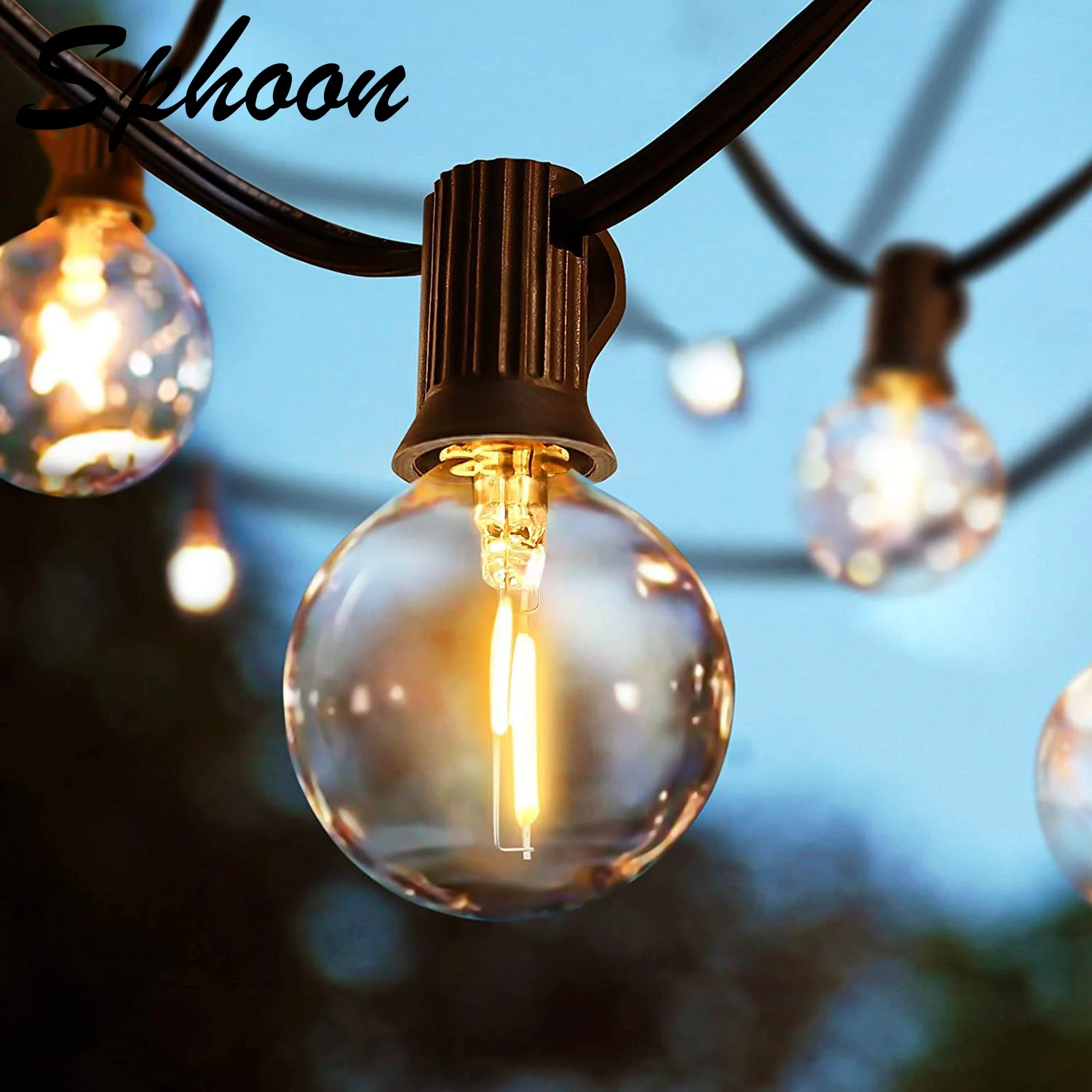 Sphoon 7.6M 50FT G40 Fairy Lights Outdoor Clear Glass Bulbs E12 C7 Base Dimmable IP44 Waterproof Patio Decorative Lights Chain outdoor patio high bar table wrought iron glass brown easy to assemble clean[us stock]