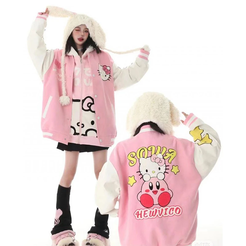 

Hello Kitty Kirby Sanrio Kawaii Cartoon Cute Embroidered Stars Couple Baseball Jacket Anime Plush Toys for Girls Birthday Gift