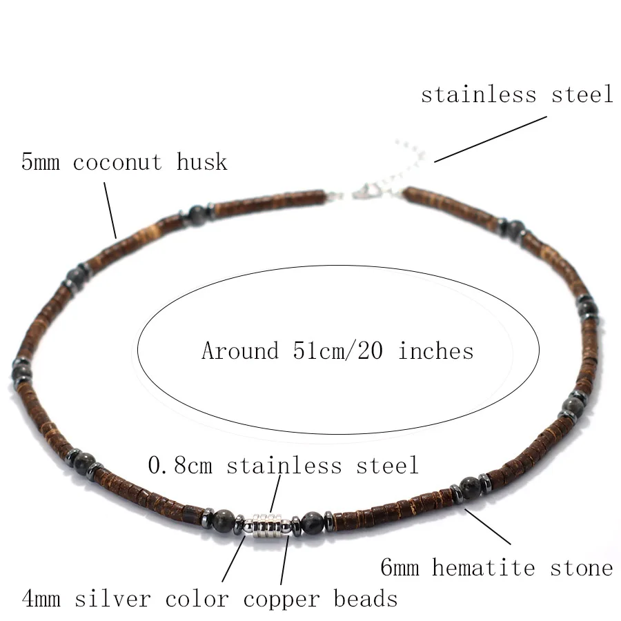Natural Coconut Husk Necklace for Men with Stainless Steel Buckle