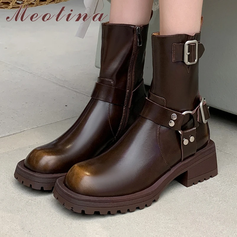 

Женские ботильоны из натуральной кожи Meotina, полусапожки на платформе с квадратным носком, на толстом среднем каблуке, с пряжкой, на молнии, Осень-зима