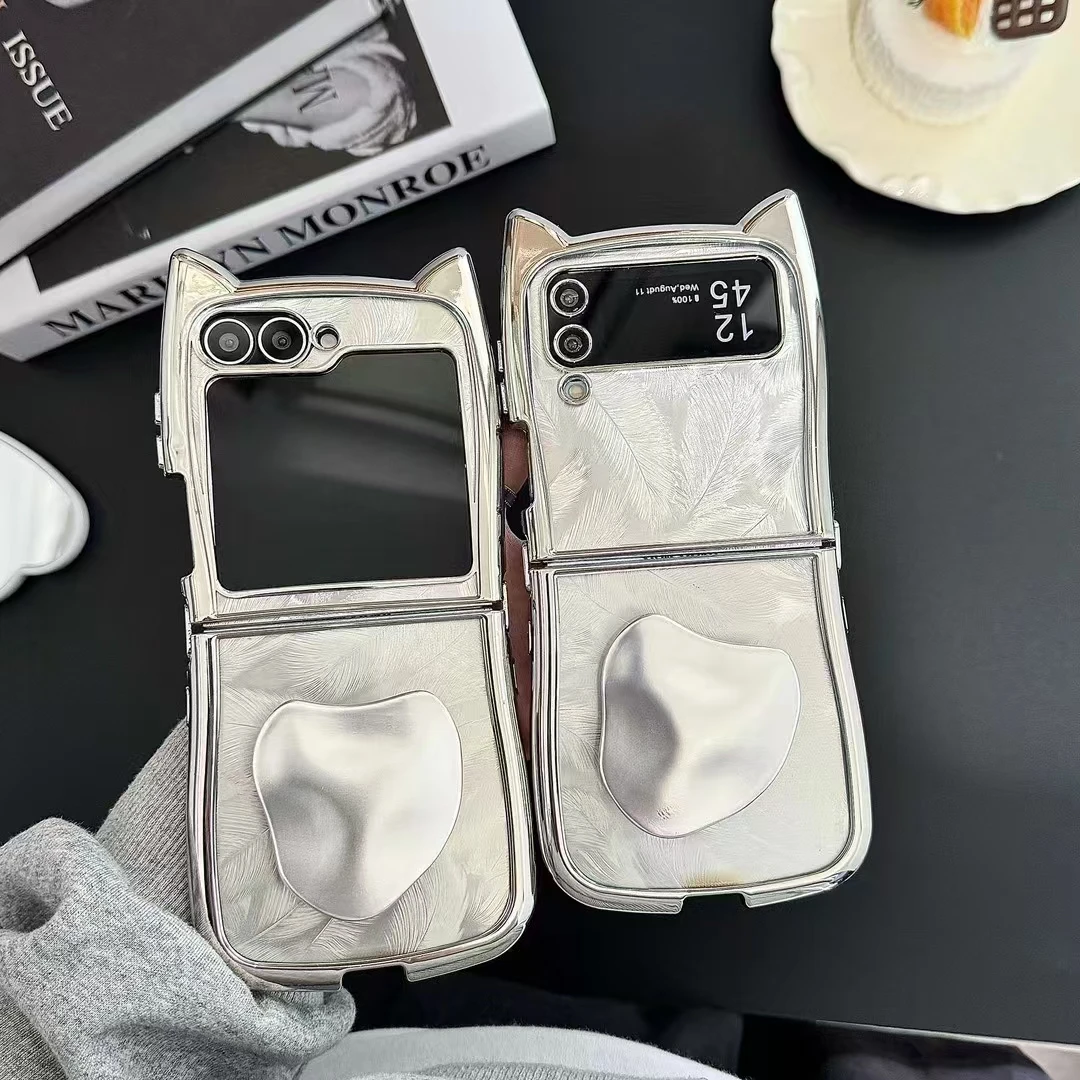 Samsung Galaxy Z Flip 3 4 5 6 Cute kaķa ausu spalvu sirds spoguļa turētāja statīvs mirdzošs tālruņa korpusa vāciņš_voghion.com