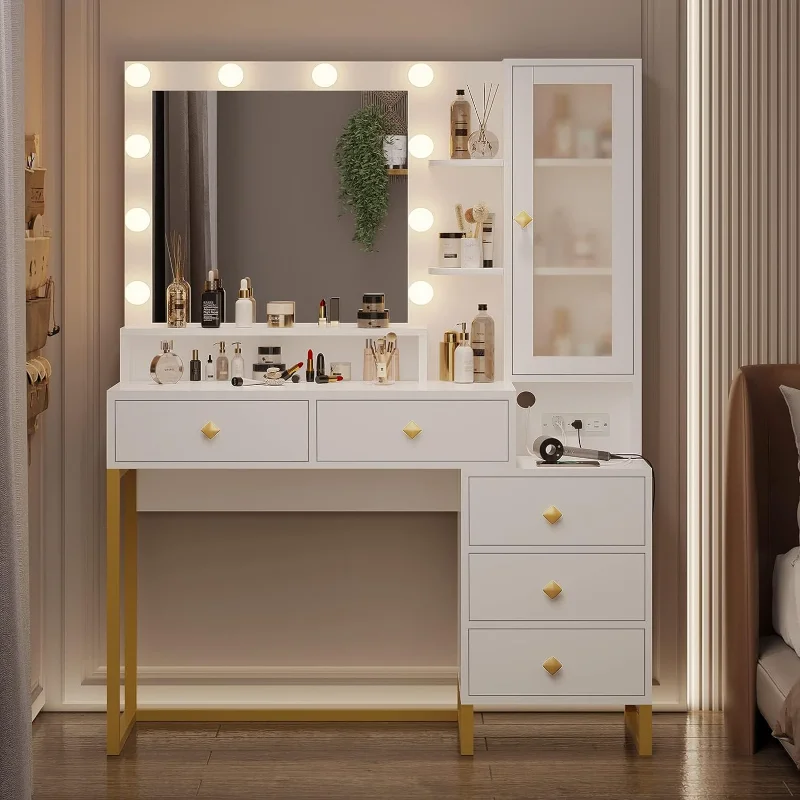 

Large Makeup Vanity with Lights, Vanity Table with Charging Station Vanity Desk with Mirror and 10 LED Light Bulbs