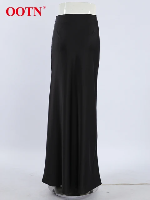 OOTN Elegant Satin Black Trumpet Skirts Autumn Fashion Slim High Waist Skirts Women Female 2023 Solid Office Long Skirt Summer 6