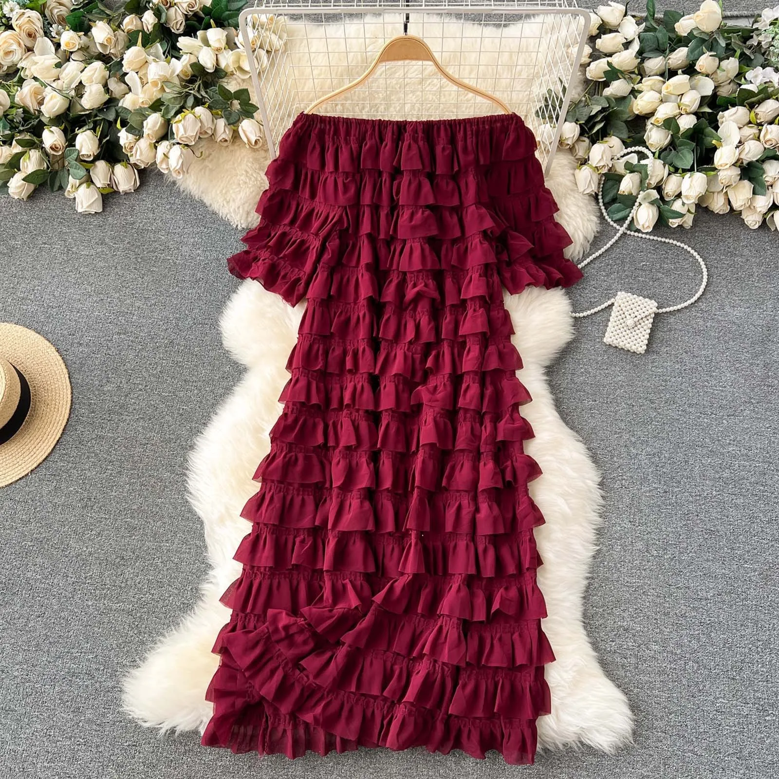 Slash Neck Cake Dress Feminine Lightness Chic Dresses Loose Thin Sweet Dresses Women Business Solid Color Casual Dress Vestido
