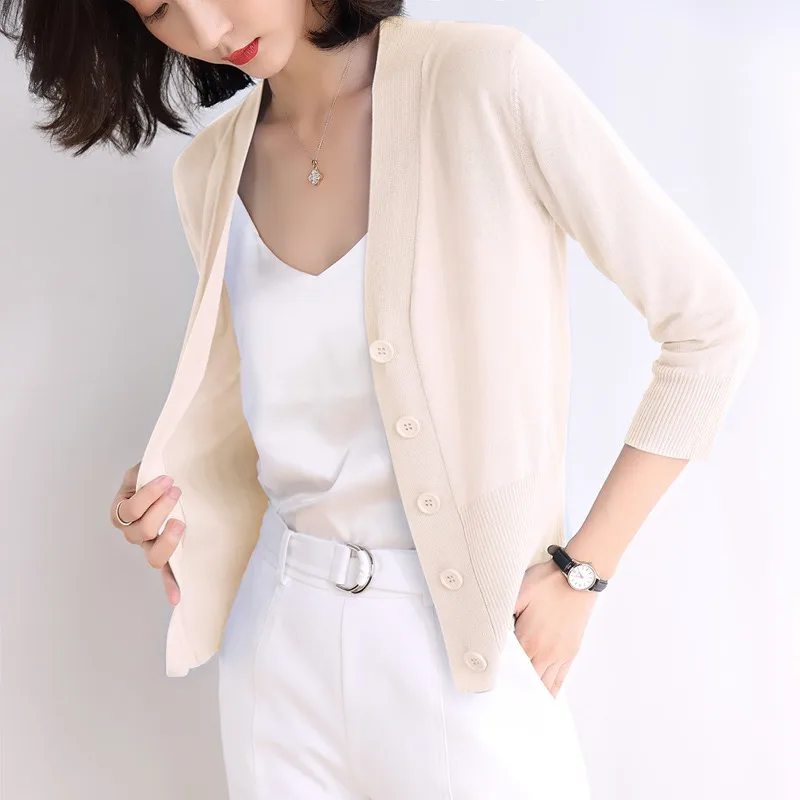 New Women's Knitted Cardigan V-neck Single-breasted Sweater Fashionable and Elegant Seven-quarter Sleeve Slim Cardigan Jacket