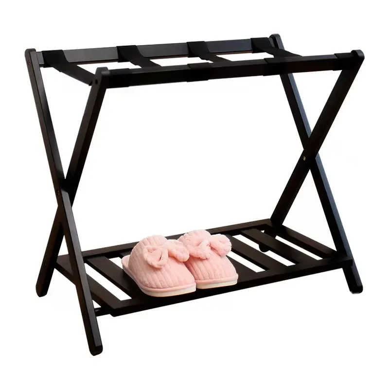 Foldable Luggage Rack Wooden Floor Standing with Shoes Shelf Suitcase Stand for Hotel Travel Home