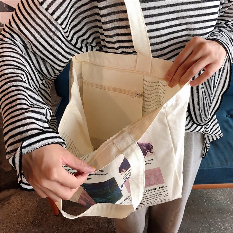 Shopper Bag 2022 Women Canvas Shoulder Bag with Zipper Van Gogh Monet Artist Print Casual Handbags Large CapacityTote Bag Plain