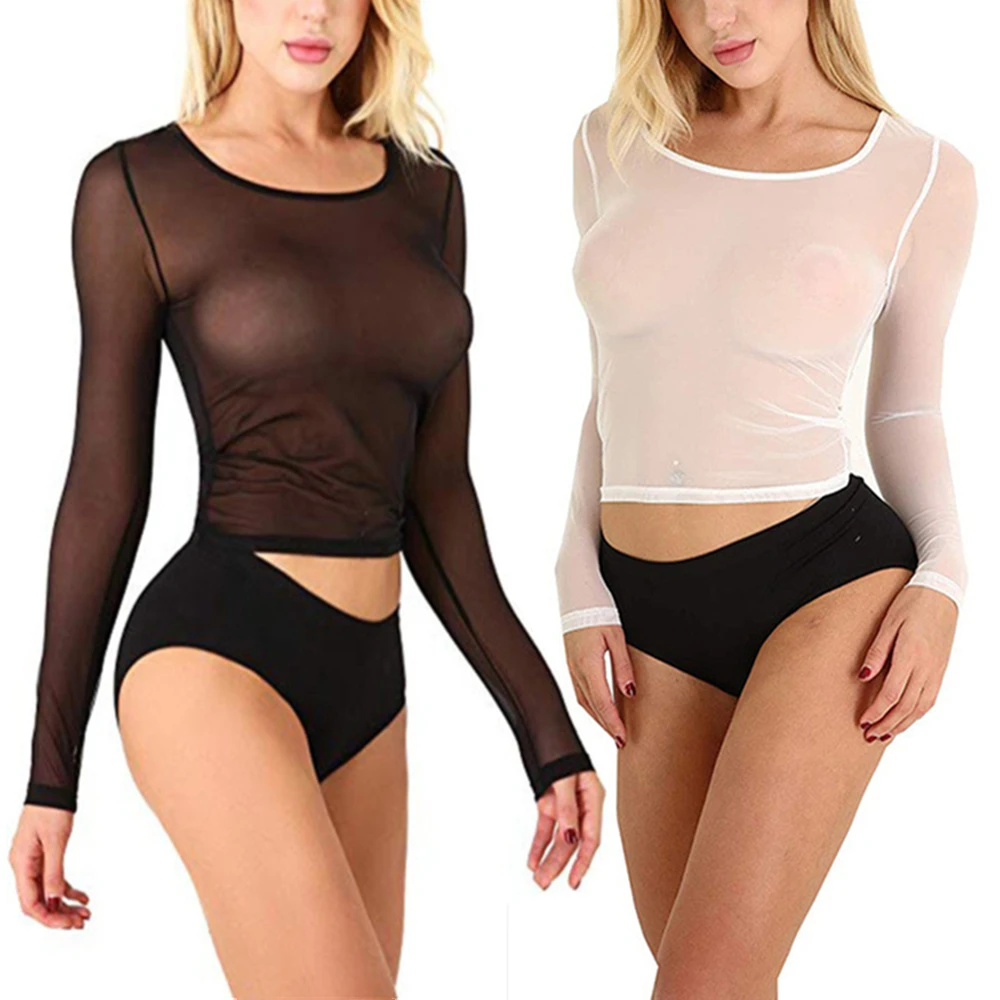 Sexy Frauen T Shirt Sehen Durch Mesh Schwarz Langarm Body Sheer Schlank Rollkragen Tüll Crop Top T-Shirt Transparent Clubwear