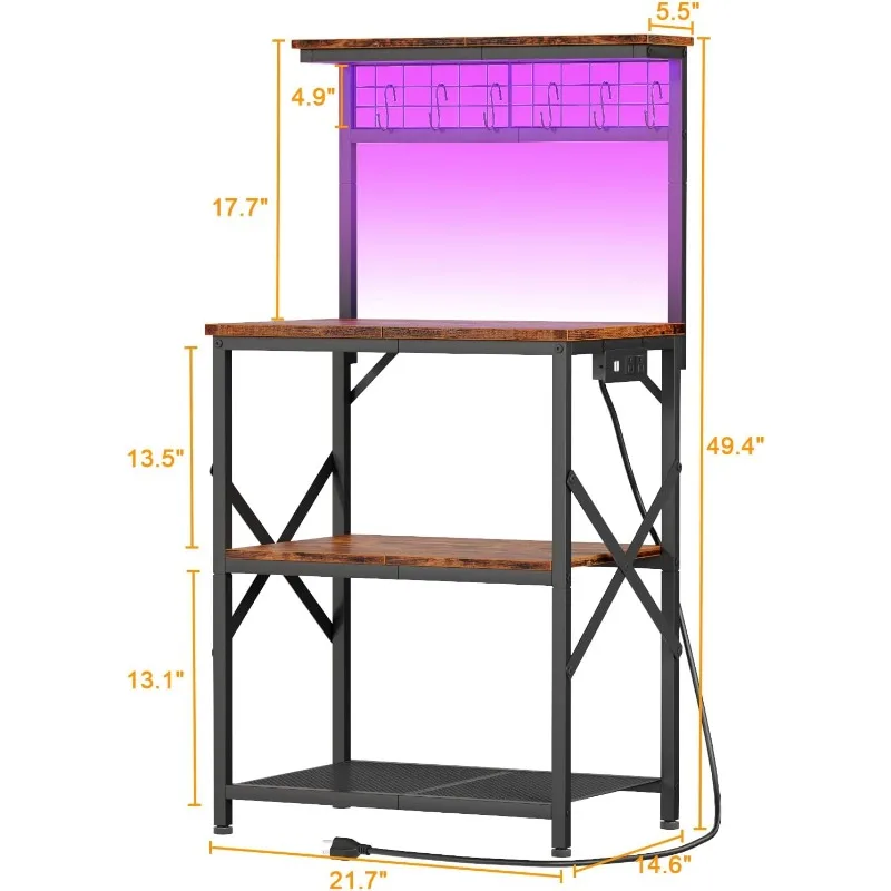 Bakers Rack with Power Outlet and LED Light, Small Microwave Stand with 4 Tier Shelves, Coffee Bar Station Table with 6 S Hooks 3